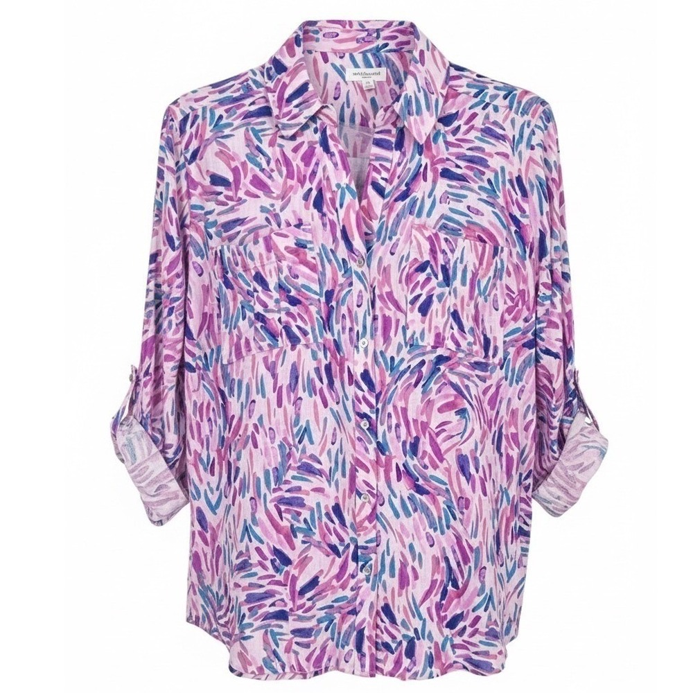 NEW Westbound Women's 1X‎ Pink Brushstroke Linen Blend Roll Tab Button Down